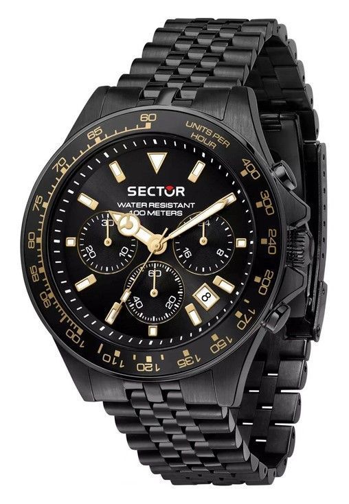 Sector 230 Chronograph Stainless Steel Black Dial Quartz. A brand-new Sector 230 watch featuring a Black dial and a Stainless steel strap. Angled view.