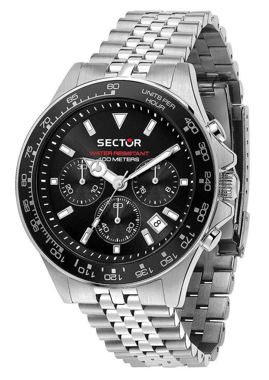 Sector 230 Chronograph Stainless Steel Black Dial Quartz. A brand-new Sector 230 watch featuring a Black dial and a Stainless steel strap. Front view.