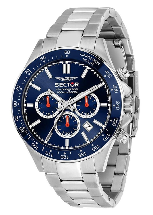 Sector 230 Chronograph Stainless Steel Blue Sunray Dial. A brand-new Sector 230 watch featuring a Blue Sunray dial and a Stainless steel strap. Front view.
