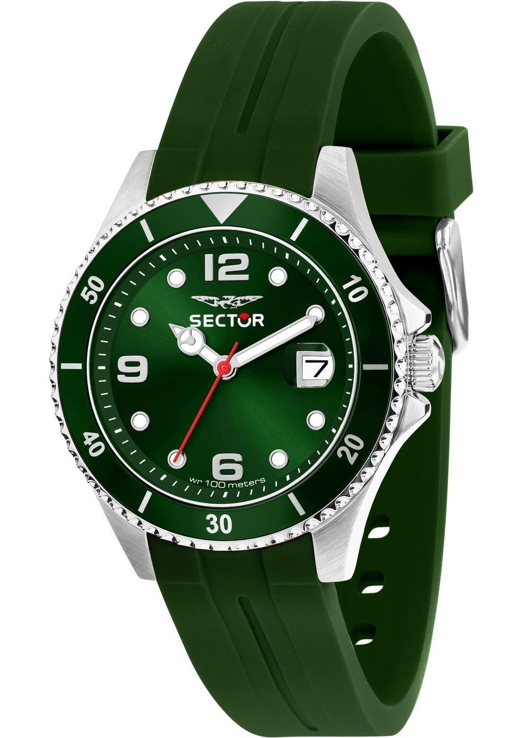 Sector 230 Silicone Strap Green Dial Quartz R3251161055 100M. A brand-new Sector 230 watch featuring a Green dial and a Silicone strap. Side view.