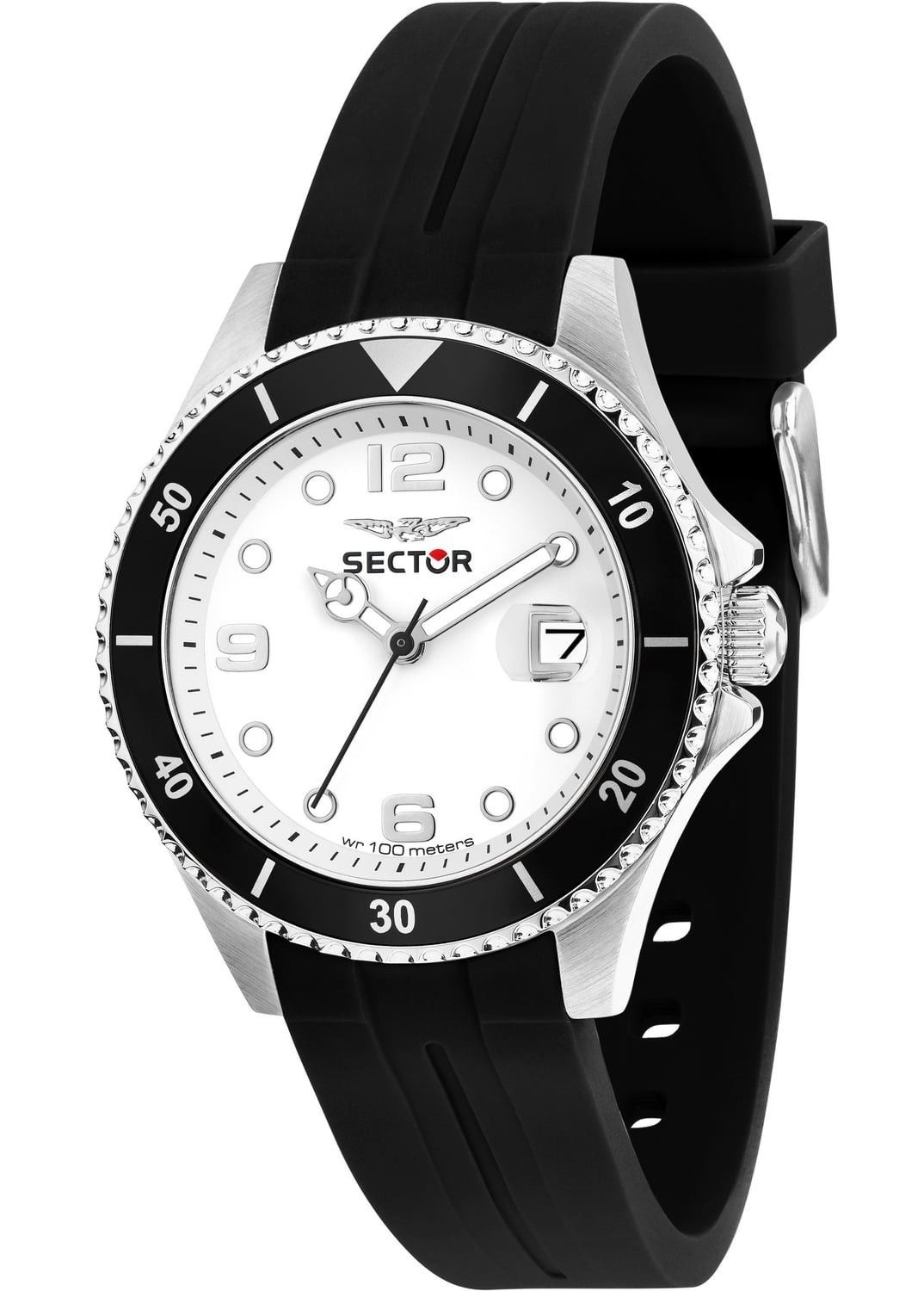 Sector 230 Silicone Strap White Dial Quartz R3251161057 100M. A brand-new Sector 230 watch featuring a White dial and a Silicone strap. Front view.