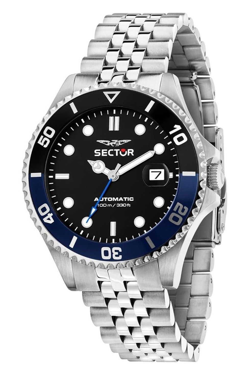 Sector 230 Stainless Steel Black Dial Automatic R3223161016. A brand-new Sector 230 watch featuring a Black dial and a Stainless steel strap. Angled view.