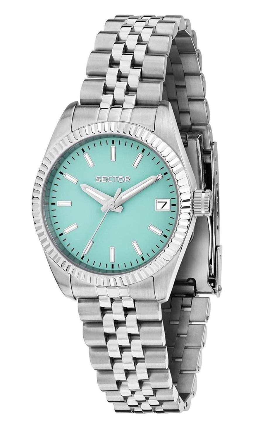Sector 240 Stainless Steel Turquoise Dial Quartz. A brand-new Sector 240 watch featuring a Turquoise dial and a Stainless steel strap. Angled view.