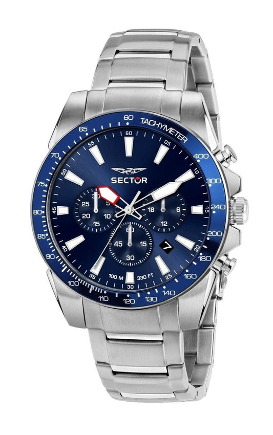 Sector 450 Chronograph Stainless Steel Blue Dial Quartz. A brand-new Sector 450 watch featuring a Blue dial and a Stainless steel strap. Front view.