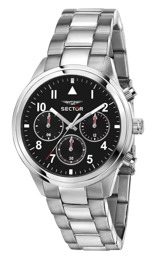 Sector 670 Dual Time Multifunction Stainless Steel Black. A brand-new Sector 670 watch featuring a Black dial and a Stainless steel strap. Front view.