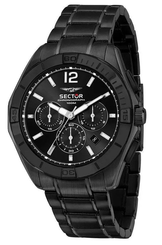 Sector 790 Chronograph Black Dial Stainless Steel Quartz. A brand-new Sector 790 watch featuring a Black dial and a Stainless steel strap. Angled view.