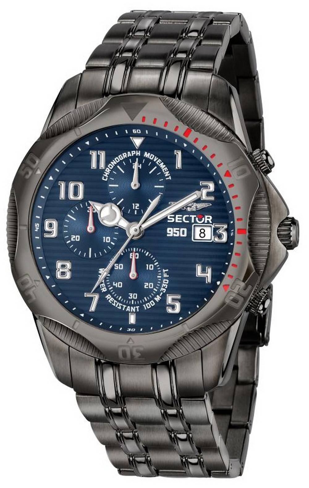 Sector 950 Chronograph Blue Dial Stainless Steel Quartz. A brand-new Sector 950 watch featuring a Blue dial and a Stainless steel strap. Side view.