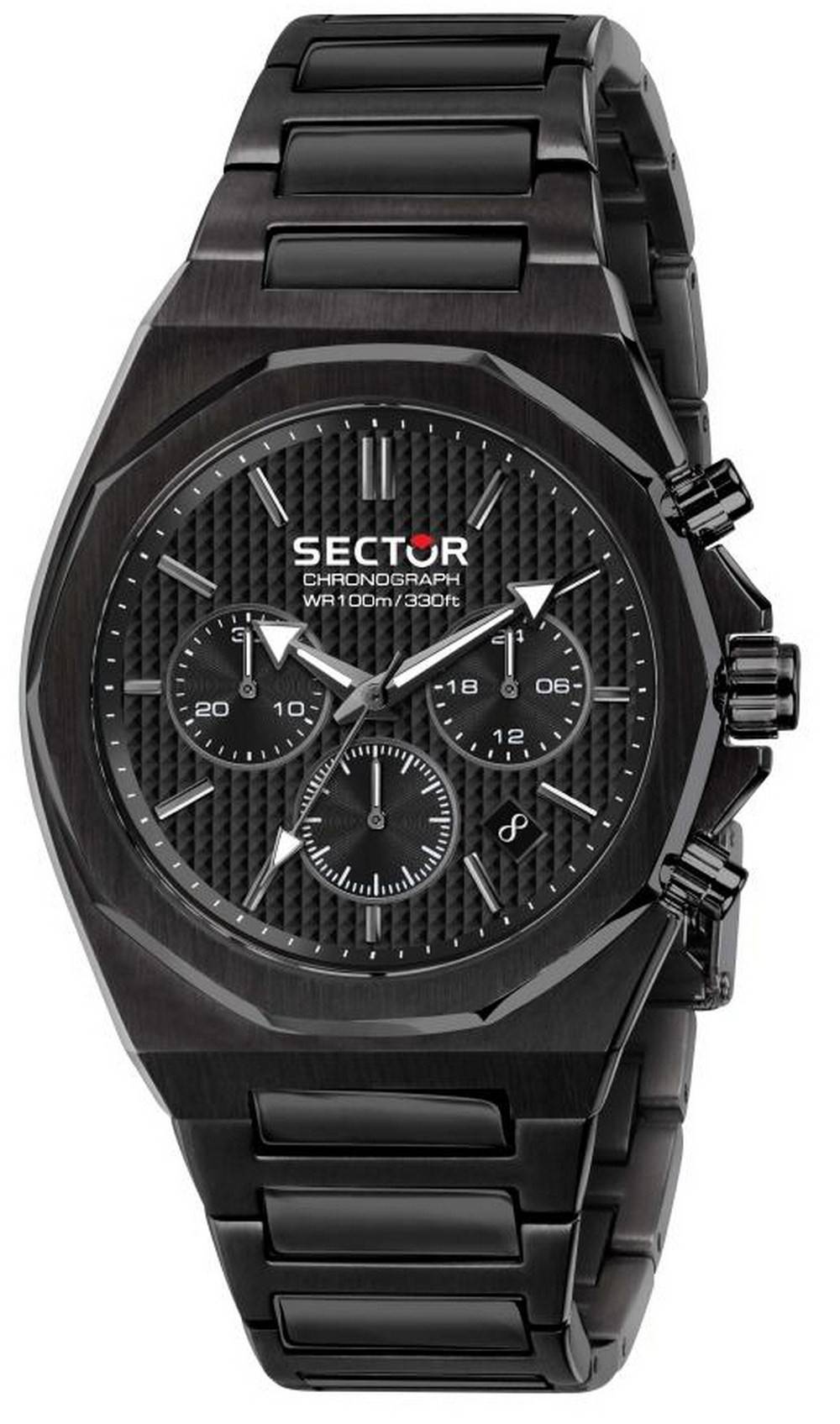 Sector 960 Chronograph Black Dial Stainless Steel Quartz. A brand-new Sector watch featuring a Black dial and a Stainless steel strap. Angled view.