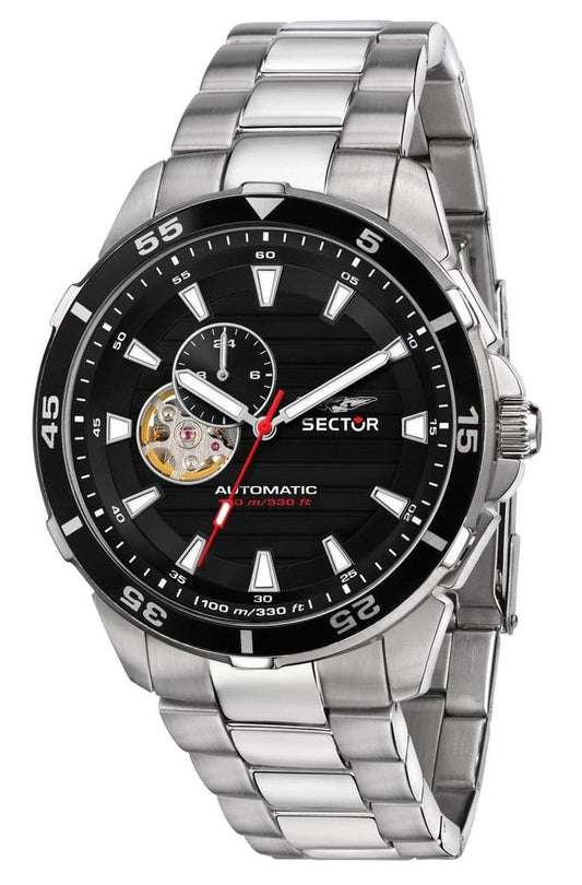 Sector ADV2500 Automatico Stainless Steel Open Heart Black. A brand-new Sector ADV2500 watch featuring a Black dial and a Stainless steel strap. Front view.