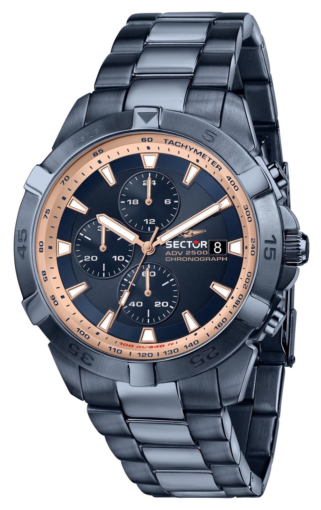 Sector ADV2500 Chronograph Stainless Steel Blue Dial Quartz. A brand-new Sector ADV2500 watch featuring a Blue dial and a Stainless steel strap. Side view.