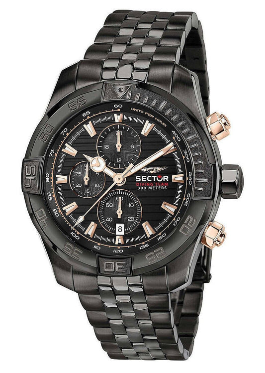 Sector Diving Team Chronograph Black Dial Quartz Diver's. A brand-new Sector Diving Team watch featuring a Black dial and a Stainless steel strap. Side view.