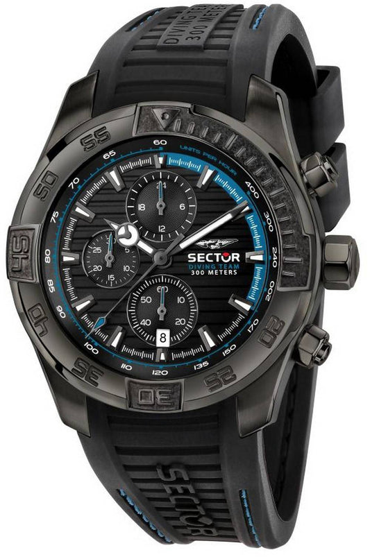 Sector Diving Team Chronograph Silicon Strap Diver's Quartz. A brand-new Sector Diving Team watch featuring a Stainless steel strap. Front view.
