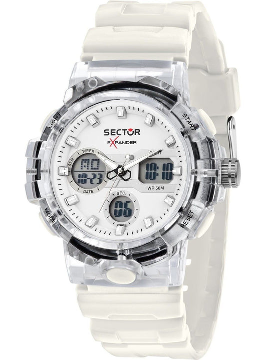 Sector Ex-46 Silicone Strap White Dial Quartz R3251242504. A brand-new Sector Ex-46 watch featuring a White dial and a Silicone strap. Angled view.