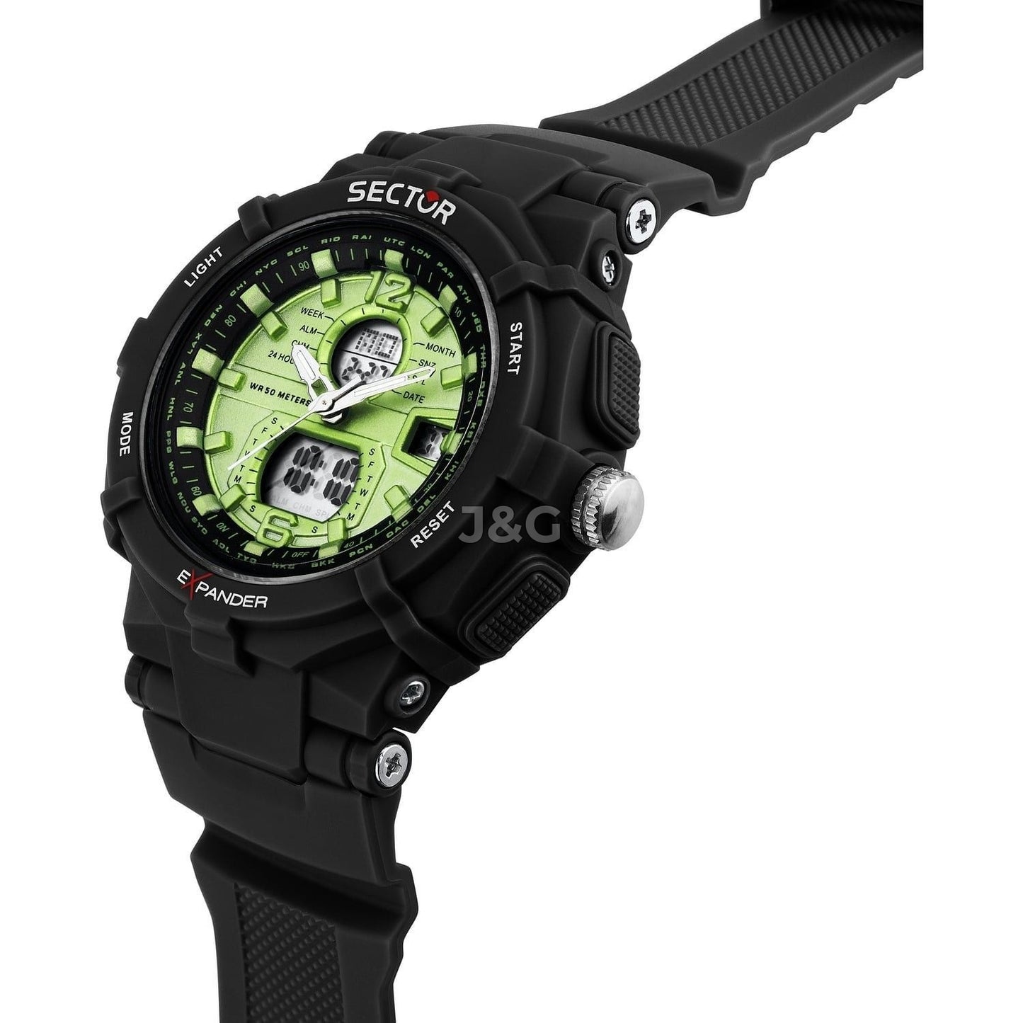 Sector Ex-09 Alarm Green Silicone Male R3251296002-. A brand-new Sector Ex-09 watch featuring a Green dial and a Silicone strap. Angled view. - view 4