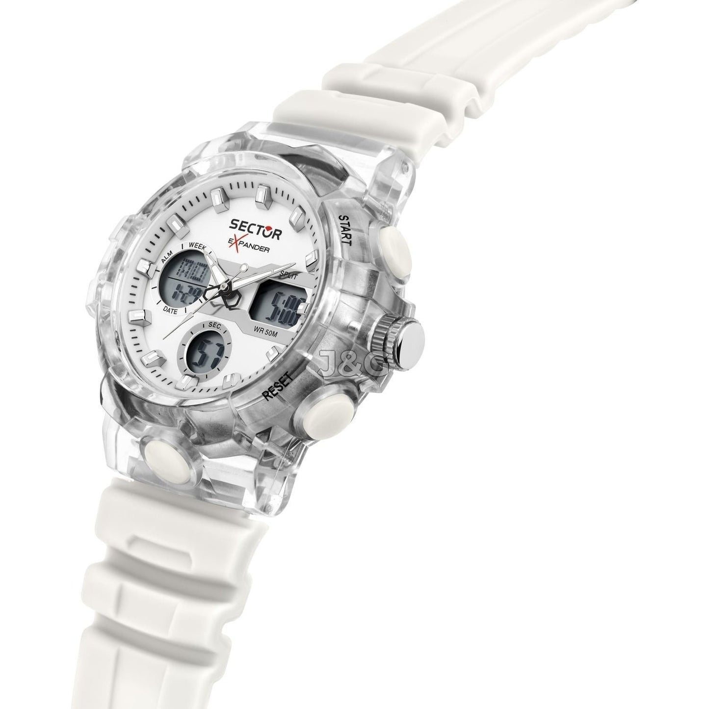 Sector Ex-46 Date display White Silicone Male R3251242504-. A brand-new Sector Ex-46 watch featuring a White dial and a Silicone strap. Side view. - view 4