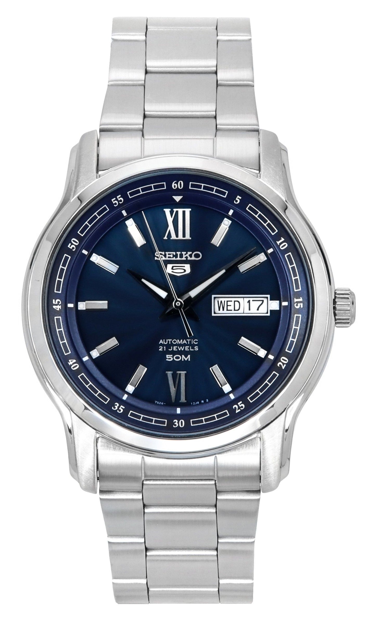 Seiko 5 Analog Stainless Steel Blue Dial Automatic. A brand-new Seiko watch featuring a Blue dial and a Stainless steel strap. Front view.