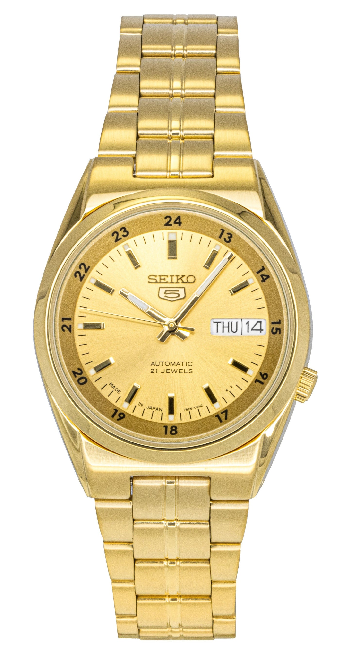 Seiko 5 Automatic 21 Jewels Japan Made SNK574 SNK574J. A brand-new Seiko watch featuring a Stainless steel strap. Angled view.