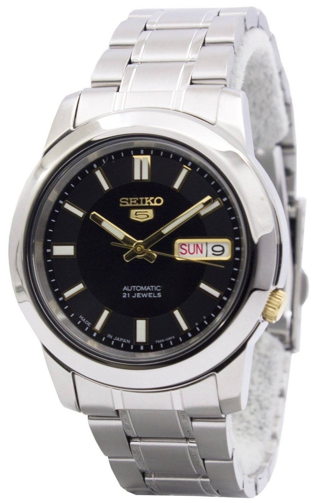 Seiko 5 Automatic 21 Jewels Japan Made SNKK17 SNKK17J. A brand-new Seiko watch featuring a Stainless steel strap. Side view.