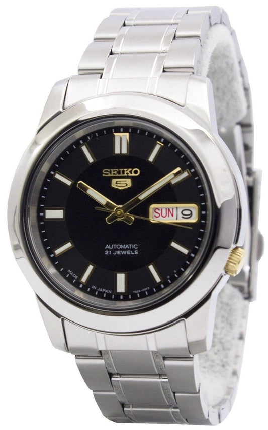 Seiko 5 Automatic 21 Jewels Japan Made SNKK17 SNKK17J. A brand-new Seiko watch featuring a Stainless steel strap. Side view.