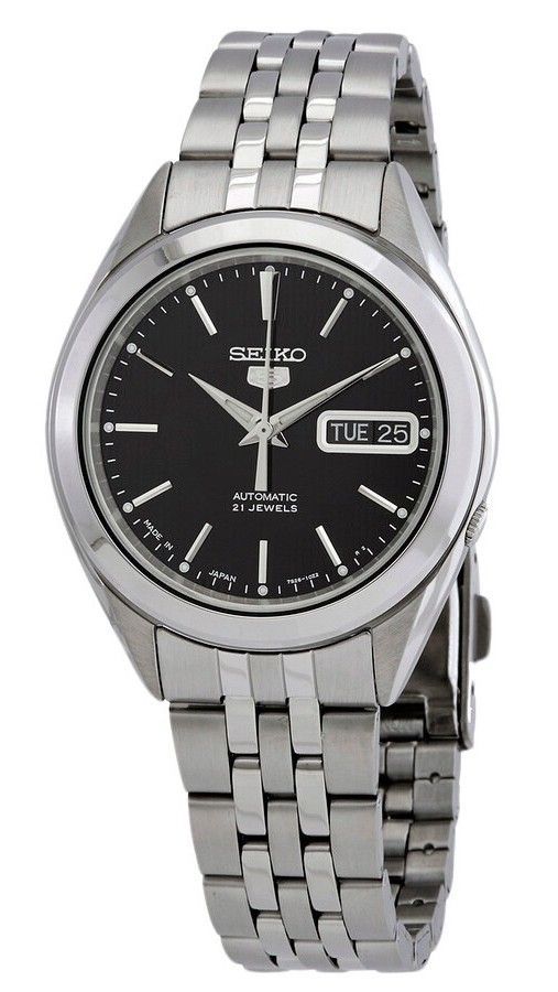 Seiko 5 Automatic 21 Jewels Japan Made SNKL23 SNKL23J. A brand-new Seiko watch featuring a Stainless steel strap. Front view.