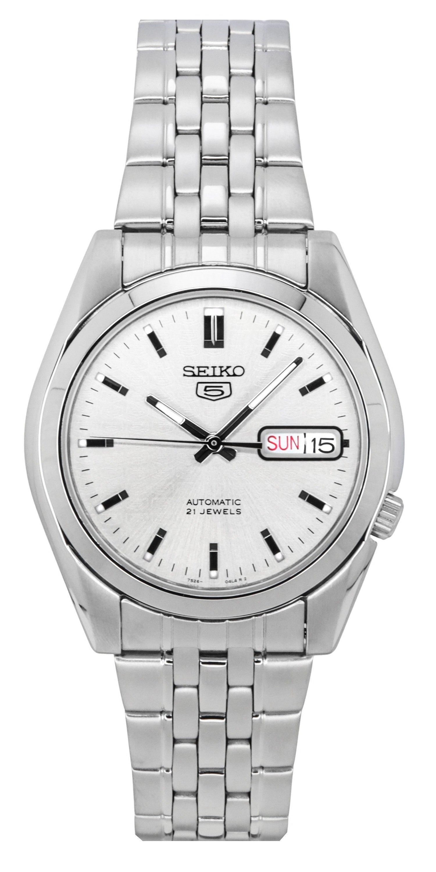 Seiko 5 Automatic 21 Jewels SNK355 SNK355K Water Resistant. A brand-new Seiko watch featuring a Stainless steel strap. Angled view.