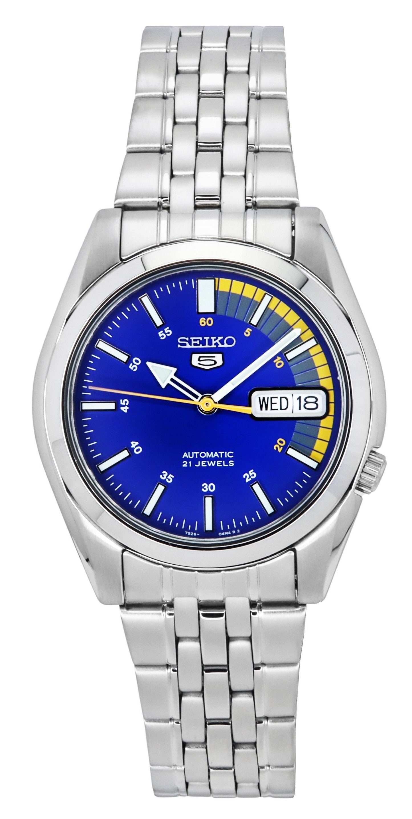 Seiko 5 Automatic 21 Jewels SNK371 SNK371K Water Resistant. A brand-new Seiko watch featuring a Stainless steel strap. Front view.