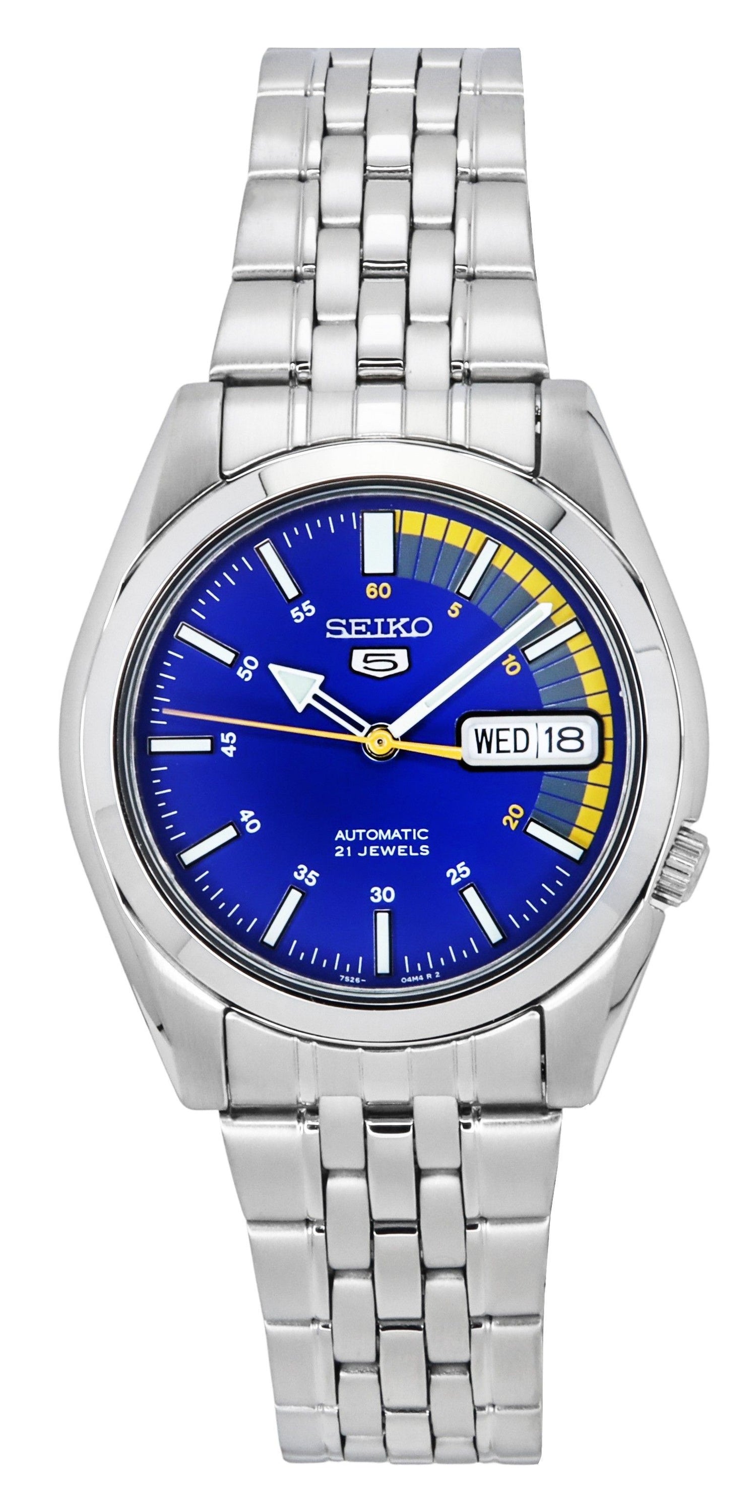 Seiko 5 Automatic 21 Jewels SNK371 SNK371K Water Resistant. A brand-new Seiko watch featuring a Stainless steel strap. Front view.