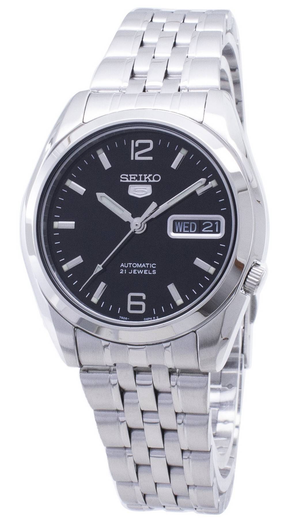 Seiko 5 Automatic 21 Jewels SNK393 SNK393K Water Resistant. A brand-new Seiko watch featuring a Stainless steel strap. Angled view.