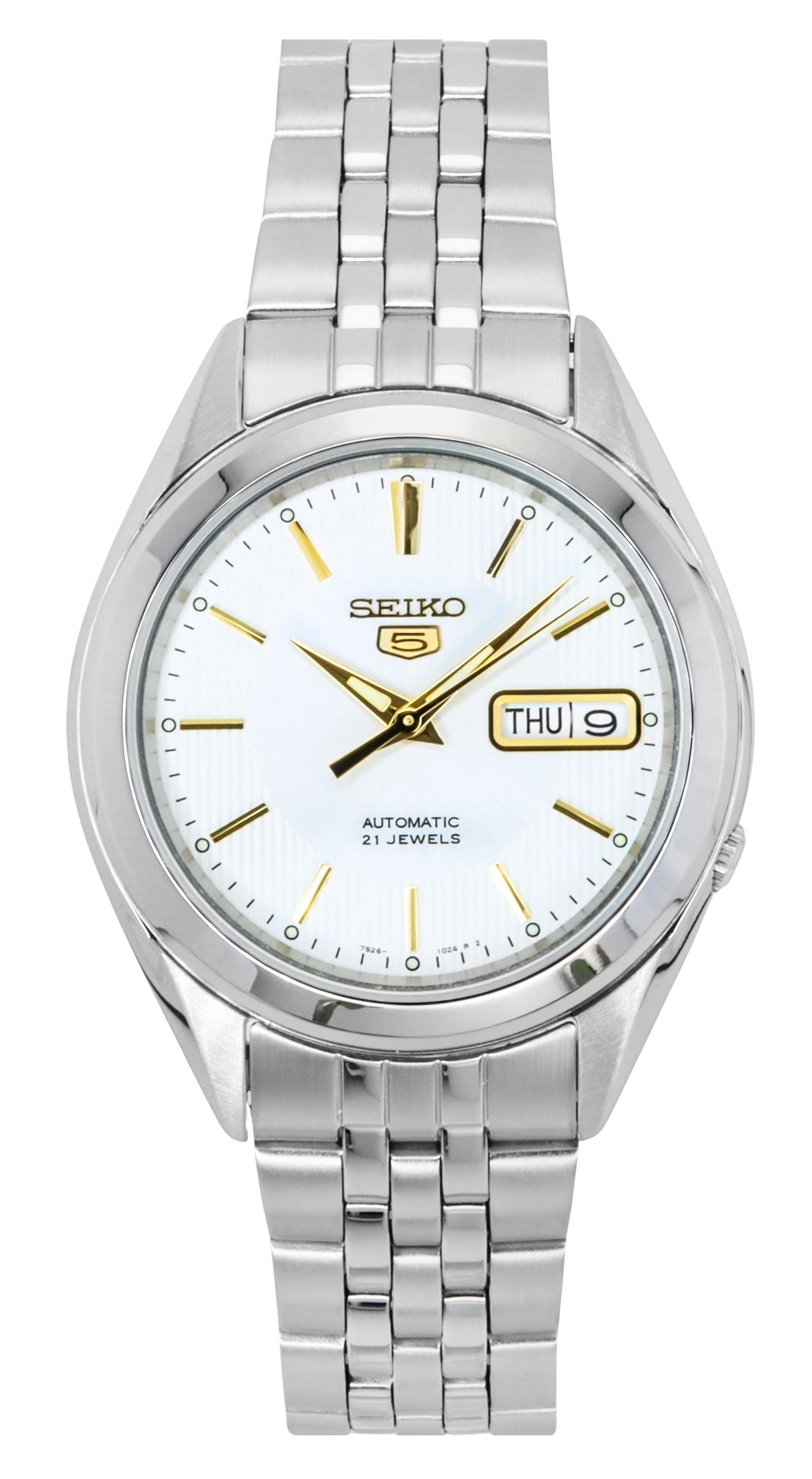 Seiko 5 Automatic 21 Jewels SNKL17K SNKL17 Water Resistant. A brand-new Seiko watch featuring a Stainless steel strap. Front view.