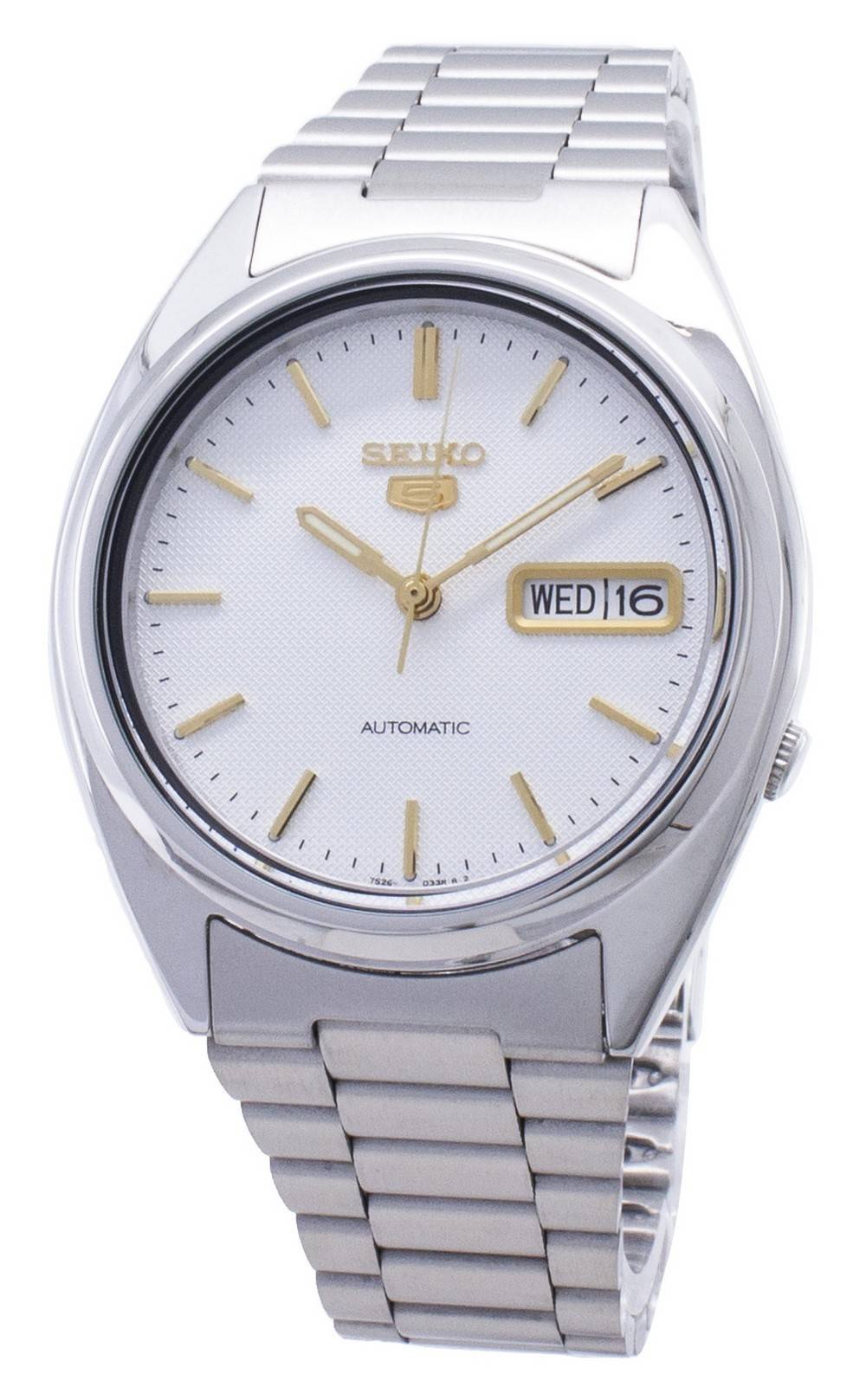 Seiko 5 Automatic 21 Jewels SNXG47 SNXG47K Water Resistant. A brand-new Seiko watch featuring a Stainless steel strap. Front view.