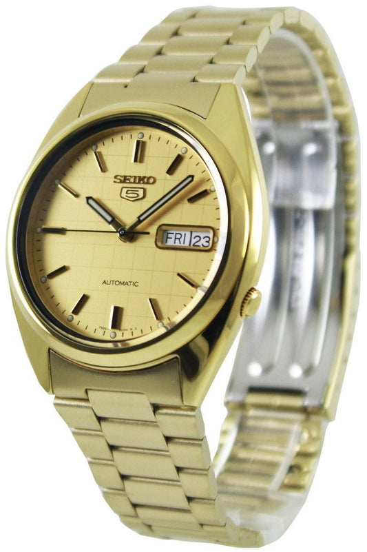 Seiko 5 Automatic Gold Dial SNXL72K Stainless Steel. A brand-new Seiko watch featuring a Gold dial and a Stainless steel strap. Angled view.
