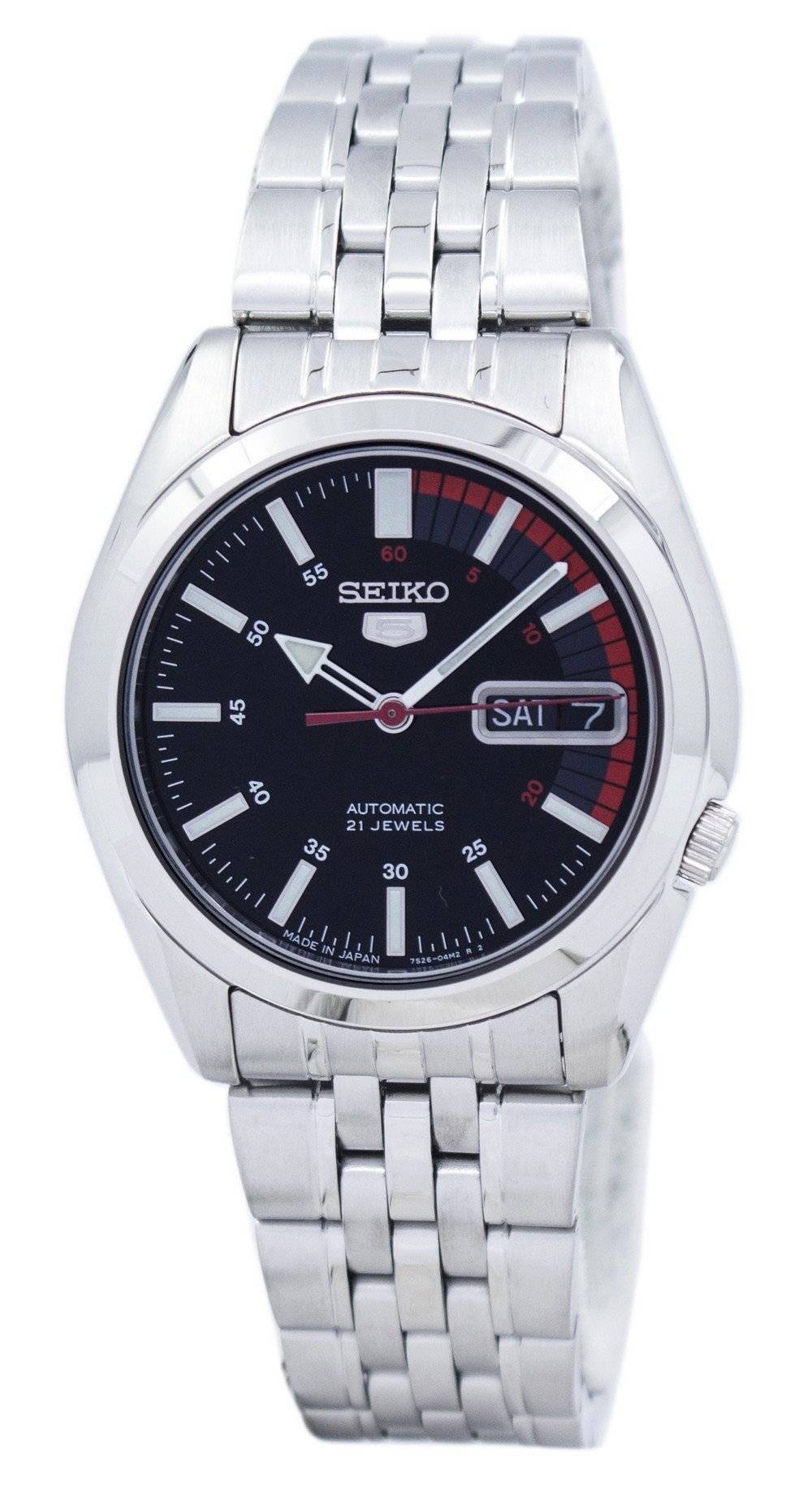 Seiko 5 Automatic Japan Made 21 Jewels SNK375 SNK375J. A brand-new Seiko watch featuring a Stainless steel strap. Side view.