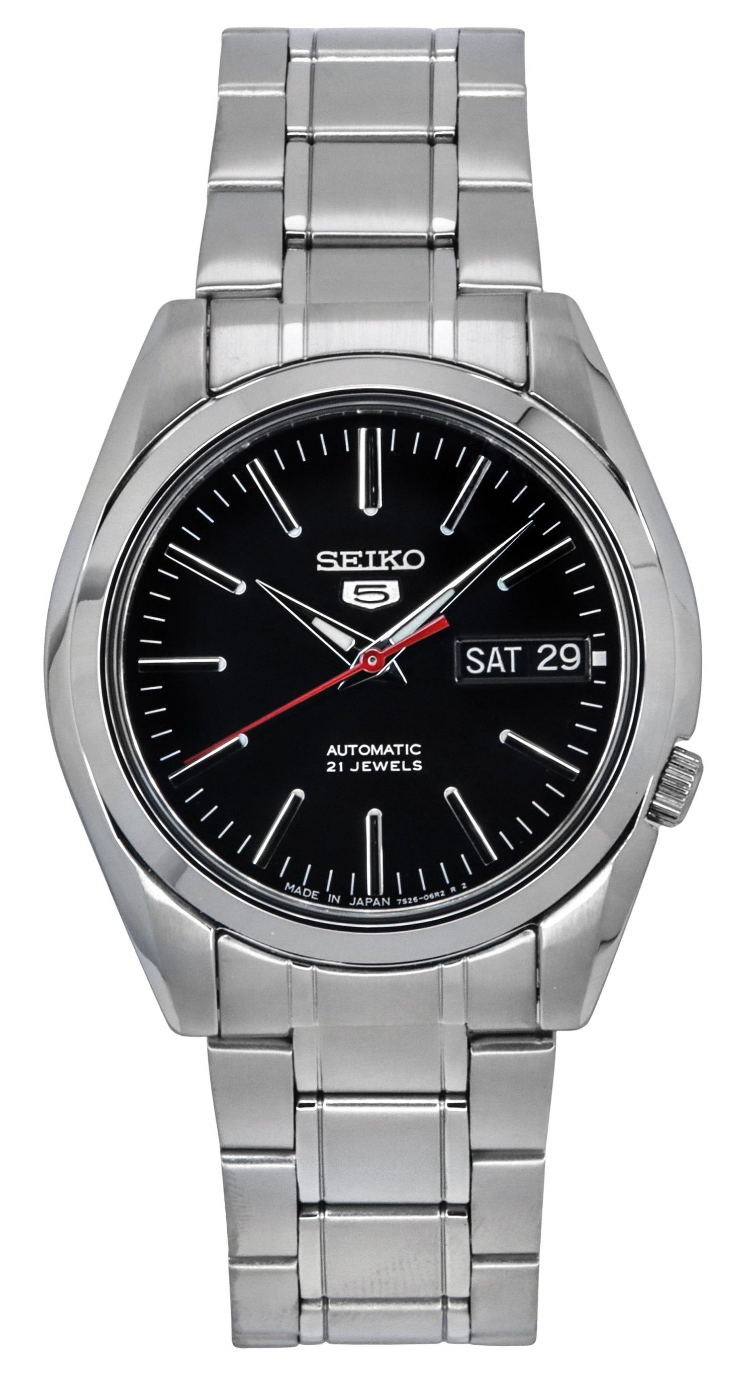 Seiko 5 Automatic Japan Made SNKL45 SNKL45J Water Resistant. A brand-new Seiko watch featuring a Stainless steel strap. Front view.