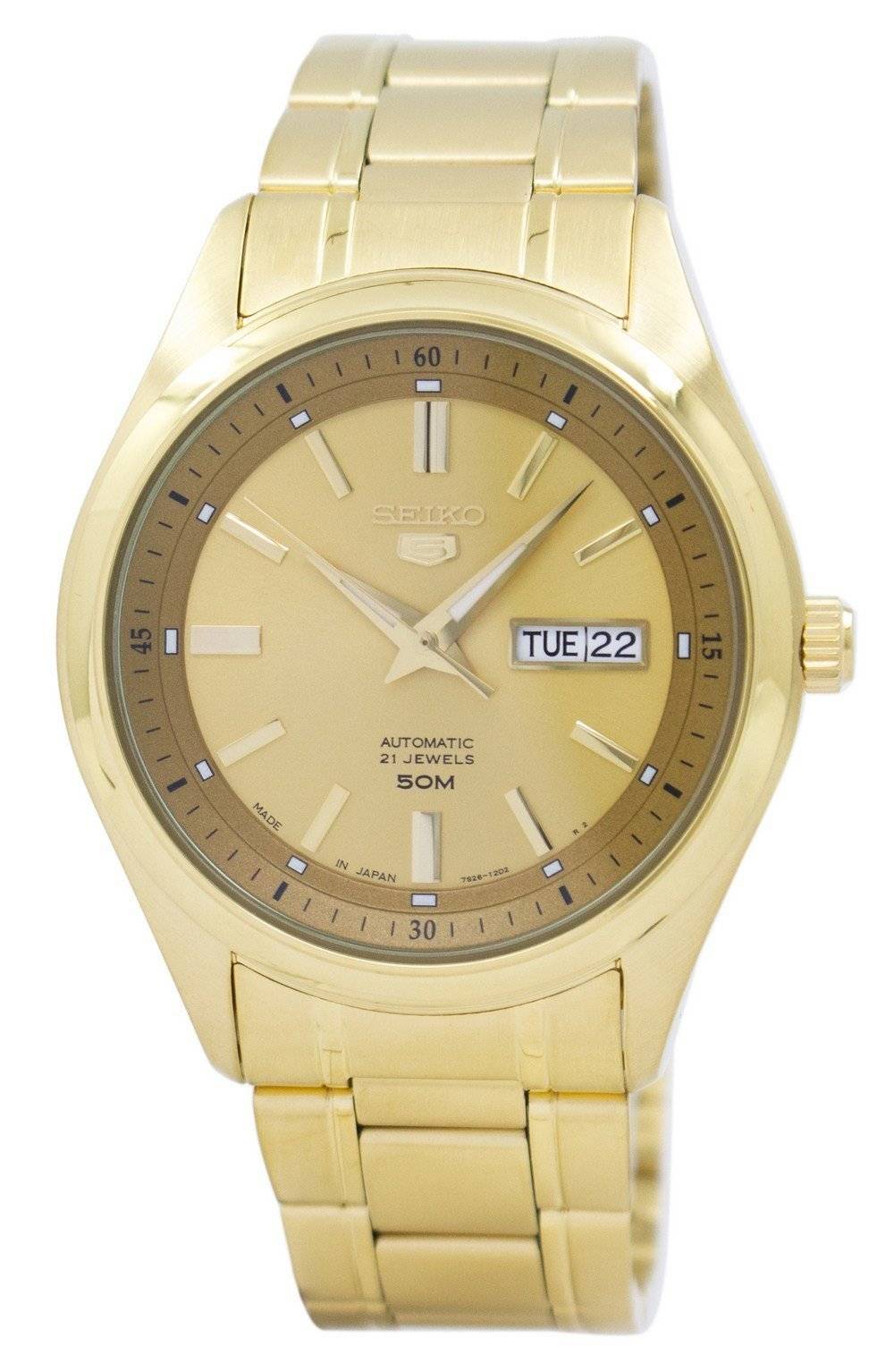 Seiko 5 Automatic Japan Made SNKN96 SNKN96J Water Resistant. A brand-new Seiko watch featuring a Stainless steel strap. Side view.