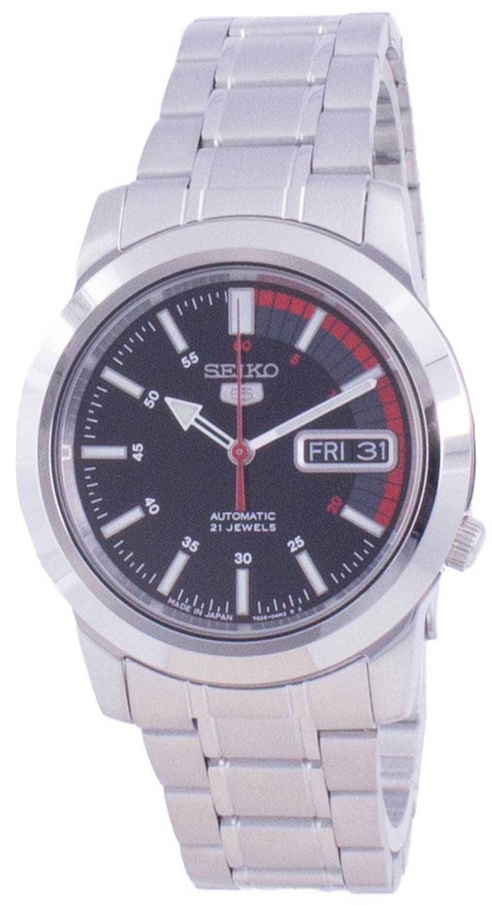 Seiko 5 Automatic SNKK31 SNKK31J Japan Made Water Resistant. A brand-new Seiko watch featuring a Stainless steel strap. Side view.