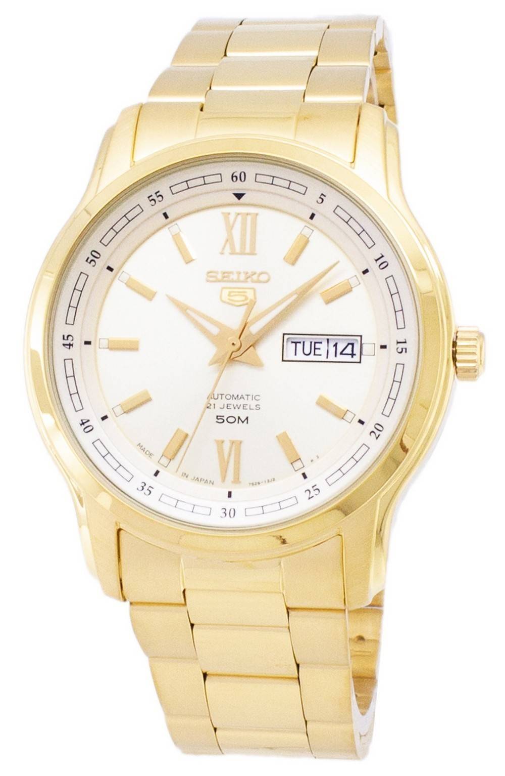 Seiko 5 Automatic SNKP20 SNKP20J Japan Made Water Resistant. A brand-new Seiko watch featuring a Stainless steel strap. Side view.