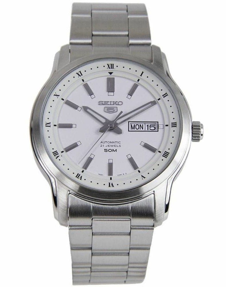 Seiko 5 Automatic White Dial SNKP09 SNKP09K Water Resistant. A brand-new Seiko watch featuring a White dial and a Stainless steel strap. Angled view.
