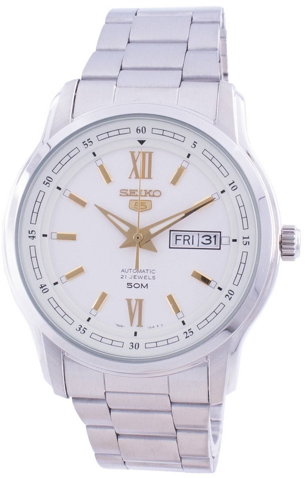 Seiko 5 Automatic White Dial SNKP15 SNKP15K Water Resistant. A brand-new Seiko watch featuring a White dial and a Stainless steel strap. Side view.