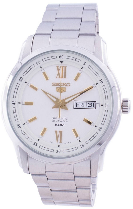 Seiko 5 Automatic White Dial SNKP15 SNKP15K Water Resistant. A brand-new Seiko watch featuring a White dial and a Stainless steel strap. Side view.