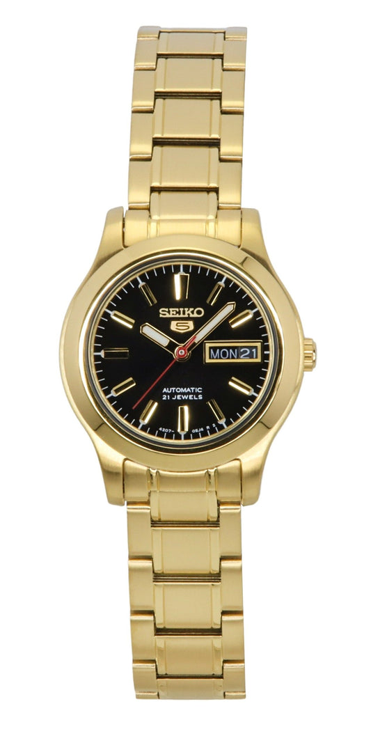 Seiko 5 Classic Gold Tone Stainless Steel Black Dial 21. A brand-new Seiko Classic watch featuring a Black dial and a Stainless steel strap. Front view.