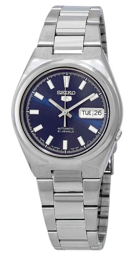 Seiko 5 Date-Day Stainless Steel Blue Dial 21 Jewels. A brand-new Seiko watch featuring a Blue dial and a Stainless steel strap. Front view.