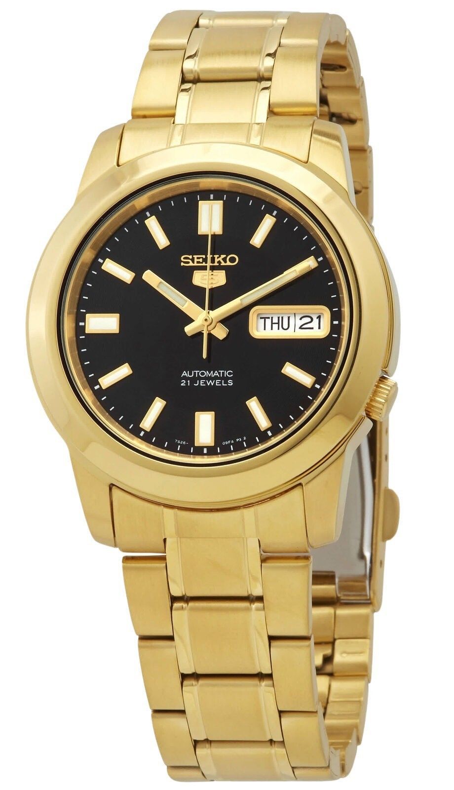 Seiko 5 Gold Tone Stainless Steel Black Dial 21 Jewels. A brand-new Seiko watch featuring a Black dial and a Stainless steel strap. Angled view.
