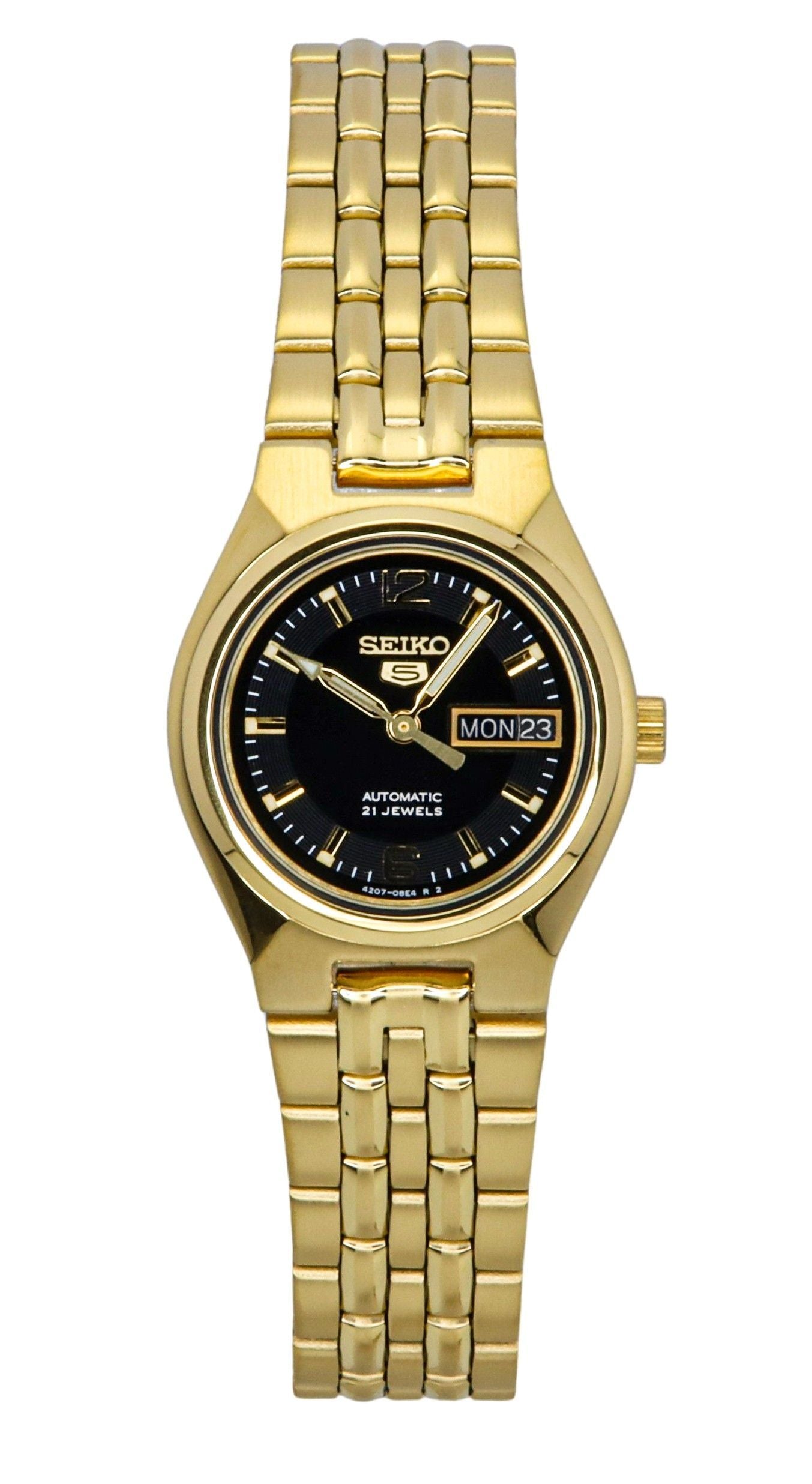 Seiko 5 Gold Tone Stainless Steel Black Dial Automatic Wo. A brand-new Seiko watch featuring a Black dial and a Stainless steel strap. Front view.