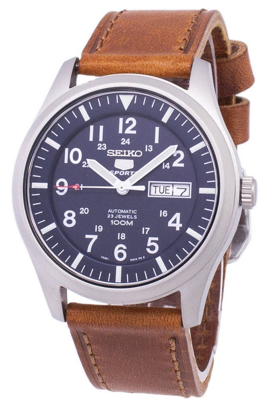 Seiko 5 Sports Automatic Brown Leather 100M Water Resistant. A brand-new Seiko 5 Sports watch featuring a Leather strap. Front view.