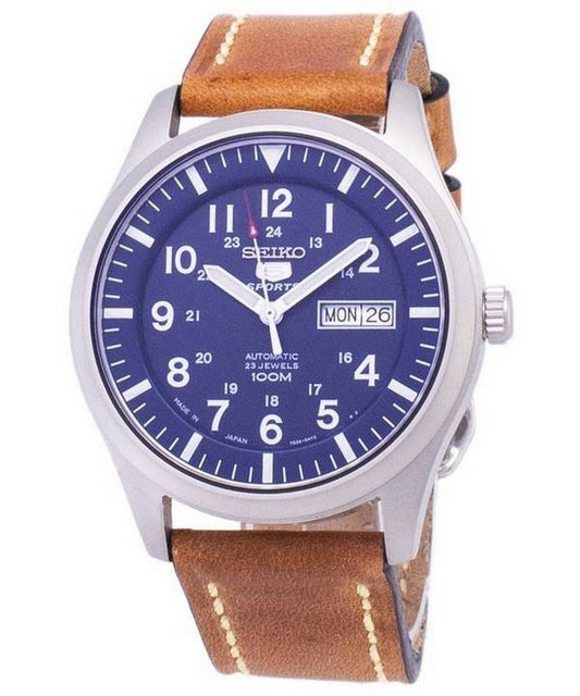 Seiko 5 Sports Automatic Brown Leather Strap Water Resistant. A brand-new Seiko 5 Sports watch featuring a Leather strap. Side view.