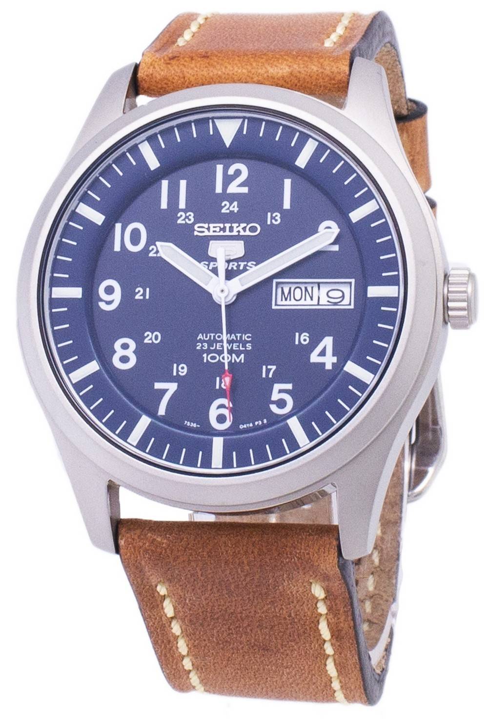 Seiko 5 Sports Automatic Brown Leather Strap Water Resistant. A brand-new Seiko 5 Sports watch featuring a Leather strap. Angled view.
