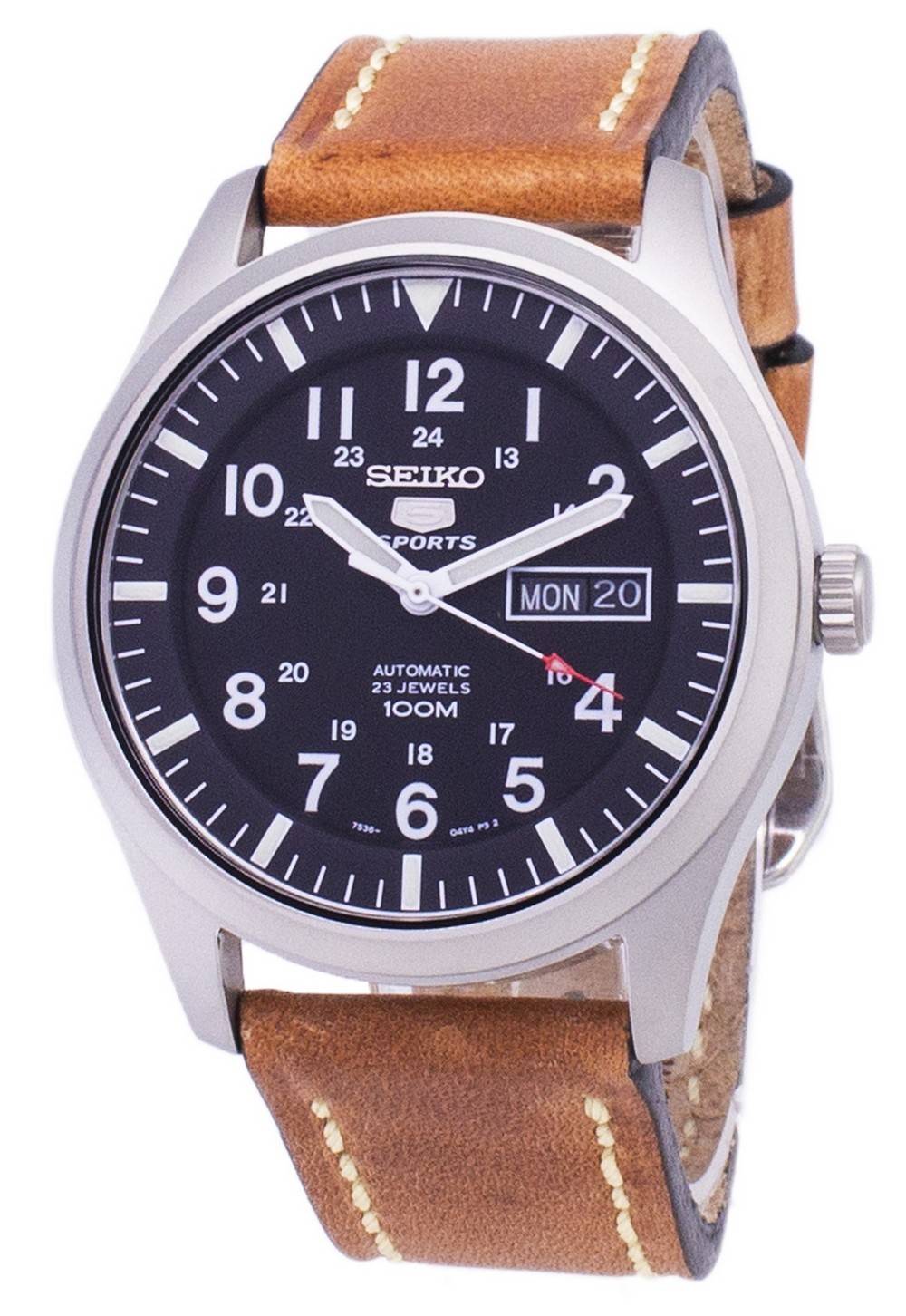 Seiko 5 Sports Automatic Brown Leather Strap Water Resistant. A brand-new Seiko 5 Sports watch featuring a Leather strap. Front view.