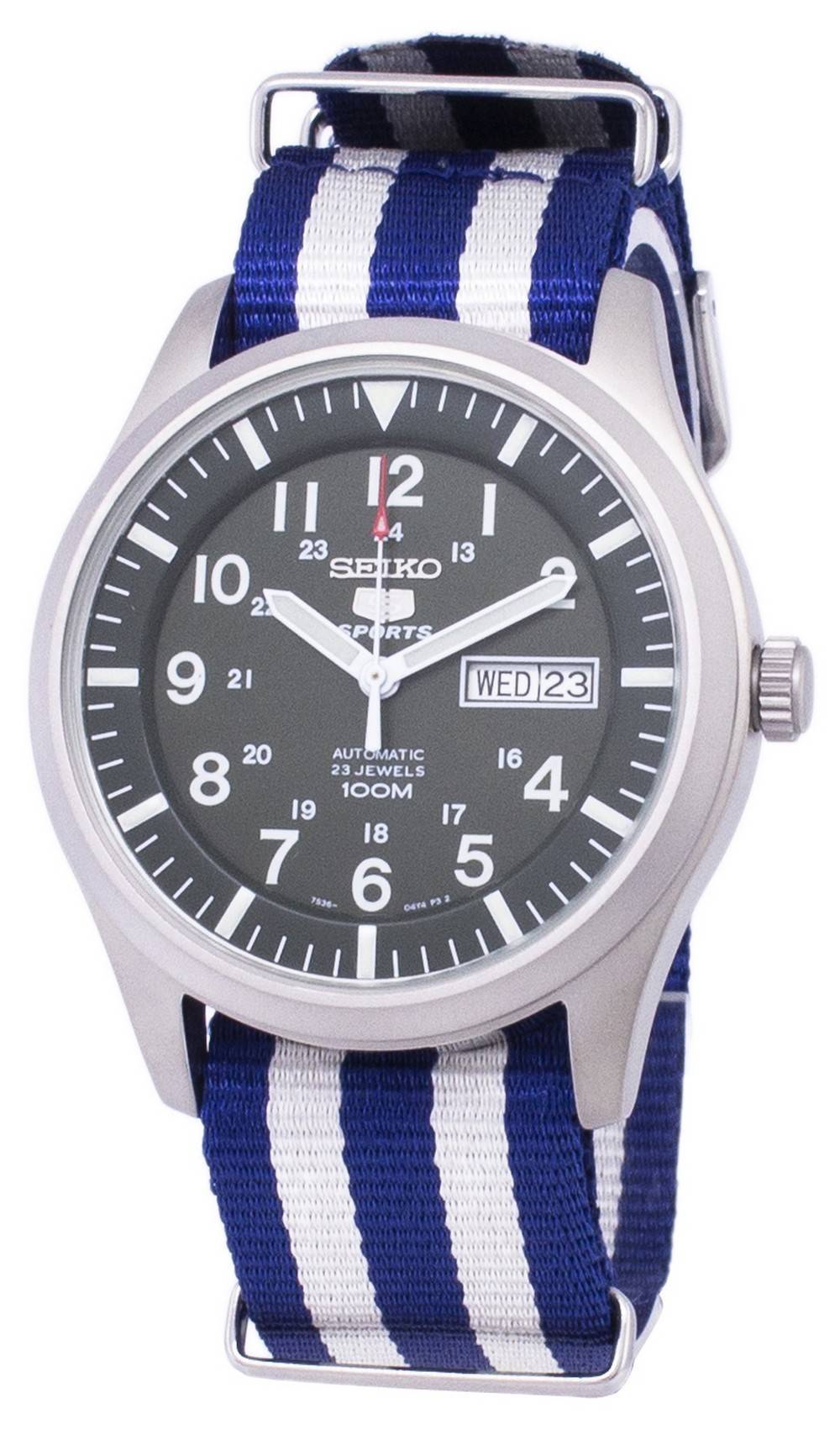Seiko 5 Sports Automatic Nato Strap Stainless Steel. A brand-new Seiko 5 Sports watch featuring a Stainless steel strap. Front view.