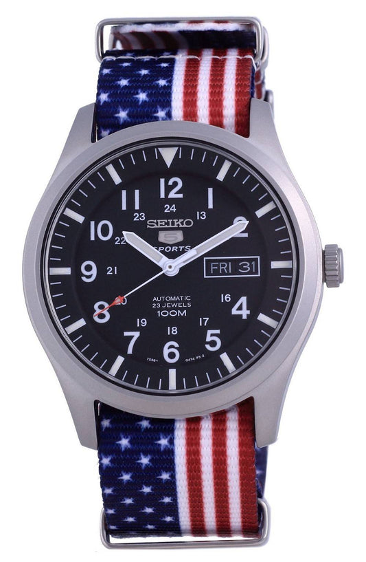 Seiko 5 Sports Automatic Polyester 100M Men’s Watch. A brand-new Seiko 5 Sports watch featuring a Stainless steel strap. Side view.