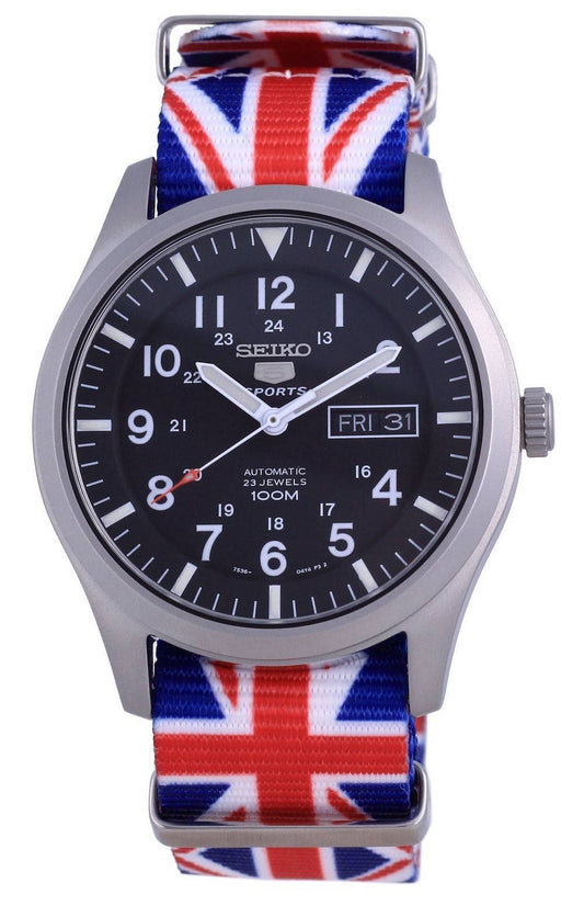 Seiko 5 Sports Automatic Polyester 100M Men’s Watch. A brand-new Seiko 5 Sports watch featuring a Stainless steel strap. Side view.